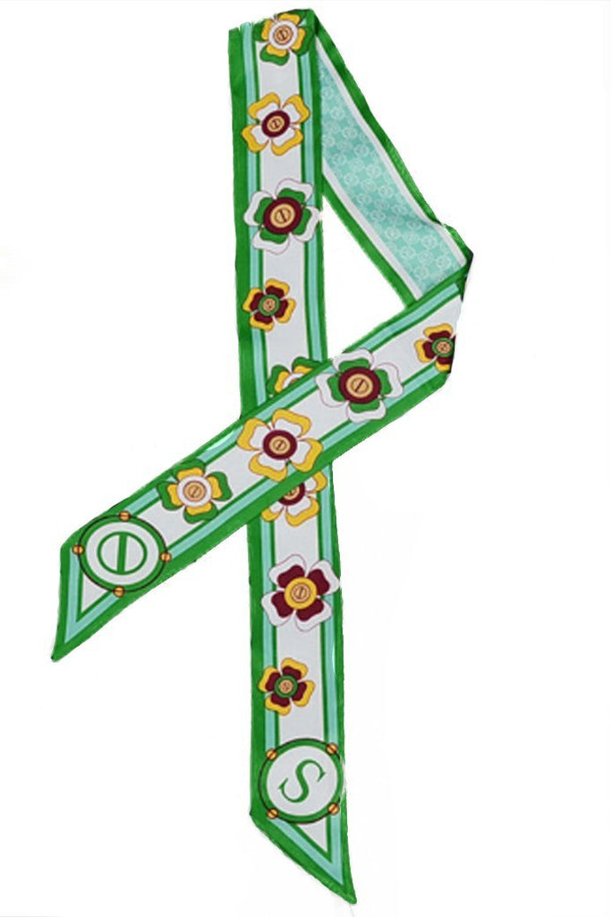 Twilly/Fashion Scarf/Scarves – Green And Pale Green, Flower Print Twilly/Fashion Scarf/Scarves – Green And Pale Green, Flower Print
